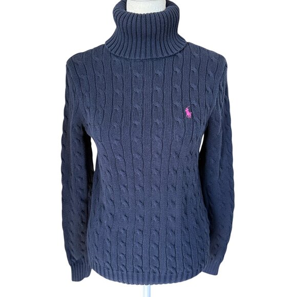 Ralph Lauren navy blue cable knit pullover turtleneck sweater - Picture 1 of 6